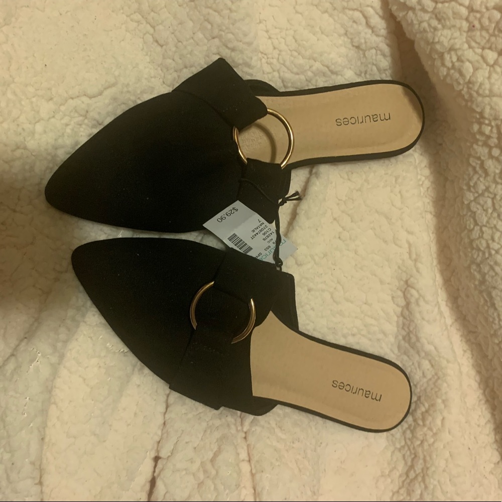 Maurices black suede with gold ring on top , pointy toed mules. NWT